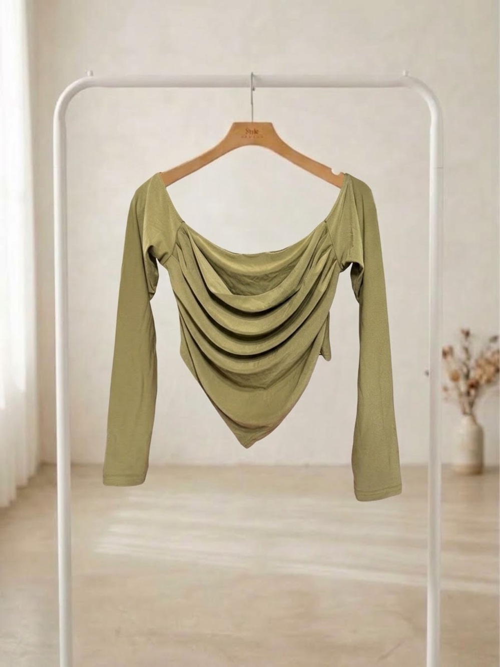Better Be Olive Draped Cowl Long-Sleeve Top
